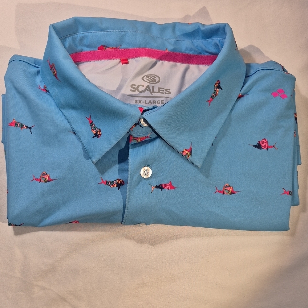 SCALES 3X Golf Polo Short Sleeve Shirt Blue and Pink Tropical Fish Pattern - Picture 14 of 16